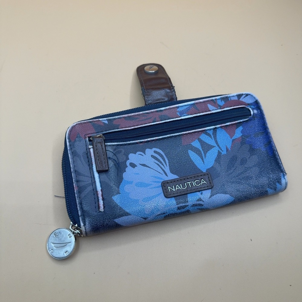 Nautica Zip-Around Clutch Wallet Navy Tropical Floral RFID Women's